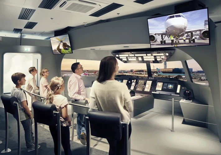 Familie in der Besucherwelt Flughafen Wien bei einer interaktiven Cockpit-Ausstellung.