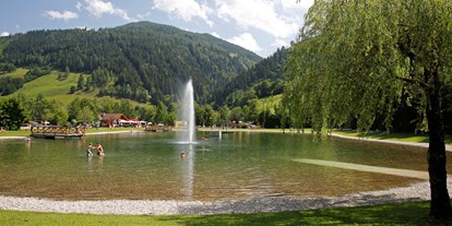 Ausflug mit Kindern - Themenschwerpunkt: Bewegung - PLZ 5550 (Österreich) - Blick über den Badesee im Freizeitpark Pichl zum Freizeitstüberl - Freizeitpark Pichl