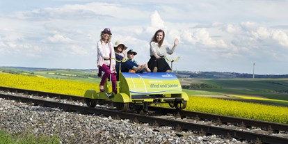 Ausflug mit Kindern - Österreich - Radfahren auf Schienen- duch die Weite des Naturparks Leiser Berge. - Weinviertel Draisine