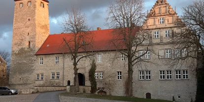 Trip with children - TOP Ausflugsziel 2024 - Westansicht der Burg mit Bergfied , Torhaus, und Palas mit Schmuckgiebel im Stil der Weserrenaissance. - Wasserburg Egeln