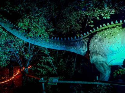 Ausflug mit Kindern - Ausflugsziel ist: ein Freizeitpark - Kledering - Nach der Dämmerung beleuchtet - Dino Tattendorf