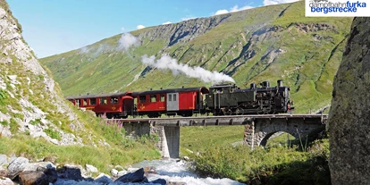 Ausflug mit Kindern - TOP Ausflugsziel 2024 - Schweiz - Dampfzug mitten in der Natur zwischen Felsen, Wasser und Brücken. - Dampfbahn Furka Bergstrecke