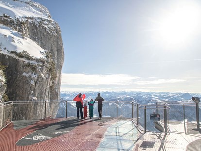 Ausflug mit Kindern - Ausflugsziel ist: ein Aussichtspunkt - Triassicpark im Winter im Familienskigebiet Steinplatte  / Winklmoosalm  - Aussichtsplattform Steinplatte