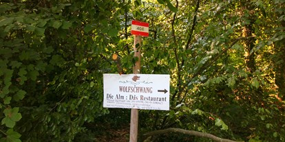 Ausflug mit Kindern - PLZ 83346 (Deutschland) - Wegweiser hinein in die Forststraße, direkt beim Parkplatz - Wanderung zur Wolfschwangalm