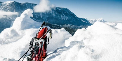 Trip with children - Themenschwerpunkt: Klettern - Upper Austria - Das spezielle Tragesystem ermöglicht es, die Schneeschuhe sicher zu verstauen - Abenteuer Management - Naturerlebnis pur