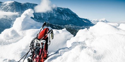 Ausflug mit Kindern - Winterausflugsziel - Edlbach - Das spezielle Tragesystem ermöglicht es, die Schneeschuhe sicher zu verstauen - Abenteuer Management - Naturerlebnis pur