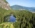 Ausflugsziel: Luftaufnahme des Tristacher See oberhalb von Lienz - Naturbadesee Tristacher See