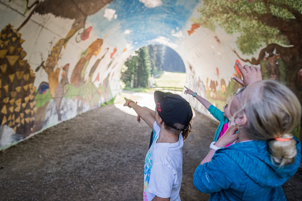 Ausflugsziel: Kunstgalerie
Studentinnen und Studenten der 3. Klasse des Kunstlyzeums „Cademia“ aus St. Ulrich haben den Tunnel mit Tieren, Insekten und Pflanzen aus der Dolomiten- und Fantasiewelt künstlerisch gestaltet. So wird man unter anderem die Gams, den Adler, den Hirsch sowie Zwerge, Elfen und Rieseninsekten entdecken. - Naturerlebnisweg PanaRaida in Gröden/Val Gardena