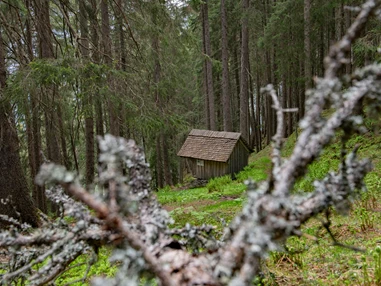 Ausflugsziel: Das "Bruderhüsli" im Dalaaser Wald am Kristberg im Silbertal, dem Genießerberg im Montafon - Der Sagenwanderweg (Sagenweg) vom Kristberg ins Silbertal