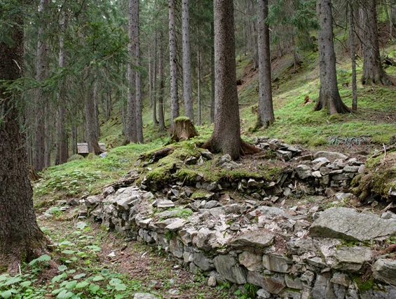 Ausflugsziel: Überreste der Klause von Joss Erhard neben dem "Bruderhüsli" im Dalaaser Wald am Kristberg im Silbertal, dem Genießerberg im Montafon - Der Sagenwanderweg (Sagenweg) vom Kristberg ins Silbertal