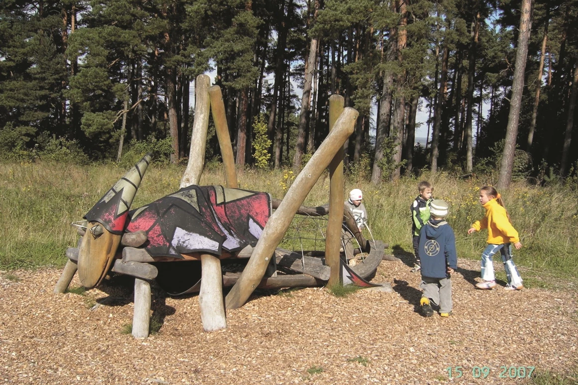 Ausflugsziel: Kinder toben sich an urigen Spielgeräten im Wildkatzenkinderwald aus. - Wildkatzenkinderwald