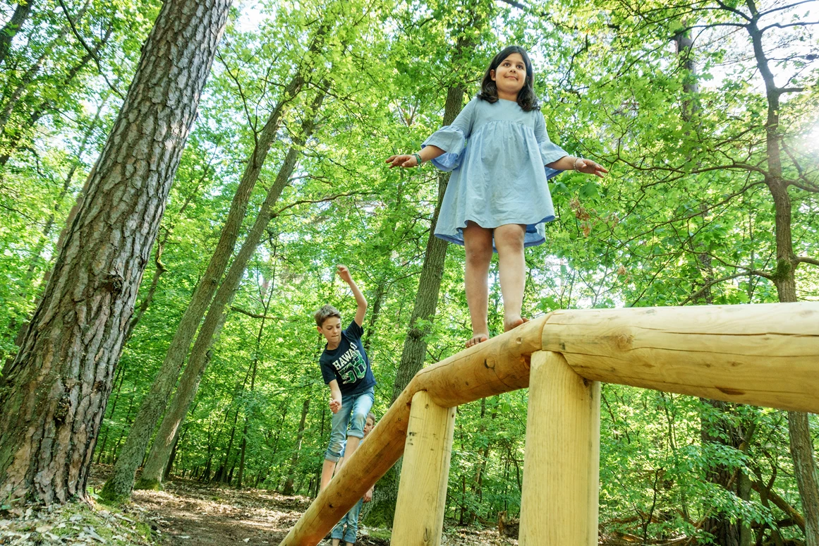 Ausflugsziel: Spaß und Entspannung für die ganze Familie. Auf Naturerlebnis-Stationen wie den Balancierbalken. - Der Barfußpark Beelitz-Heilstätten