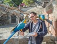 Ausflugsziel: Besucher der Vogelburg können direkten Kontakt zu den Papageien in den großen Freiflugvolieren haben. - Vogelburg
