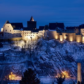 Ausflugsziel: Burg Mildenstein im Winter mit täglicher Außenanstrahlung - Burg Mildenstein in Leisnig
