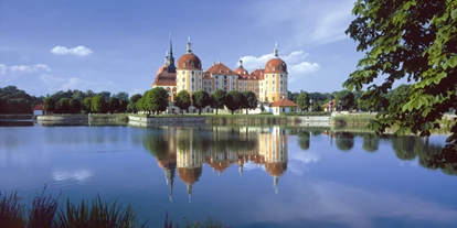 Trip with children - Altenberg (Landkreis Sächsische Schweiz) - Das nach Herzog Moritz benannte Schloss Moritzburg ist wohl das schönste Wasserschloss in Sachsen. 1542 als Jagddomizil errichtet, wurde es unter August der Starke ab 1723 zu einem prachtvollen Barockschloss inmitten einer weitläufigen Teich- und Parkanlage umgebaut. Eine der bedeutendsten Jagdtrophäensammlungen Europas, kunstvolle Goldledertapeten und das mit über einer Million farbiger Vogelfedern geschmückte »Federzimmer« sind nur einige der Schätze, die Schloss Moritzburg beherbergt. Im wahrsten Sinne märchenhaft wird es im Winter: Jährlich verwandelt sich Schloss Moritzburg in die zauberhafte Kulisse des legendären Märchenfilms »Drei Haselnüsse für Aschenbrödel«.  - Schloss Moritzburg