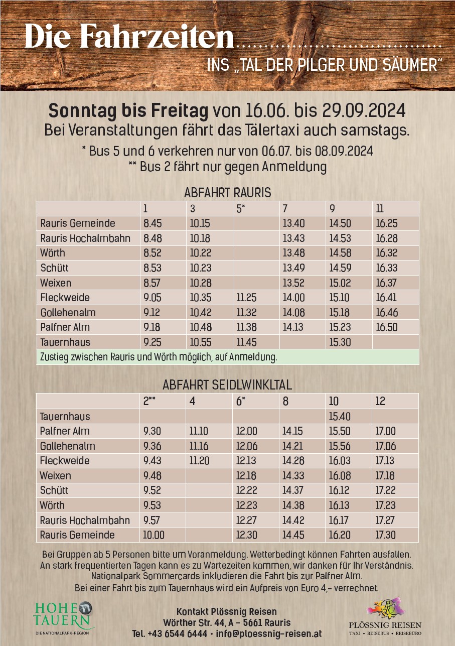 Ausflugsziel: Fahrzeiten Tälerbus - PALFNER ALM im Seidlwinkltal