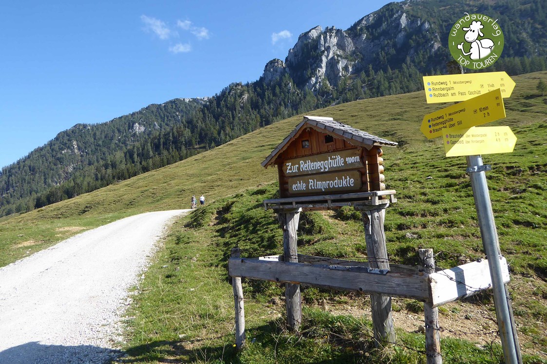 Ausflugsziel: Bei der Abzweigung nach links - Postalm Rettenegghütte