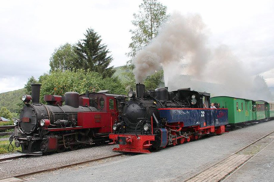 Ausflugsziel: Die beiden Heeresfeldbahn-Dampflokomotiven der Taurachbahn. Links: 699.01, rechts: SKGLB 22 - Taurachbahn