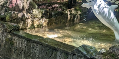 Reis met kinderen - Gastronomie: kinderfreundliches Restaurant - Einer der Springbrunnen, steht man falsch ist man abgekühlt - Freizeitpark Ruhpolding