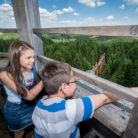 Ausflugsziel: Kinder genießen die Sicht vom 40m Turm  - Baumkronenweg Kopfing