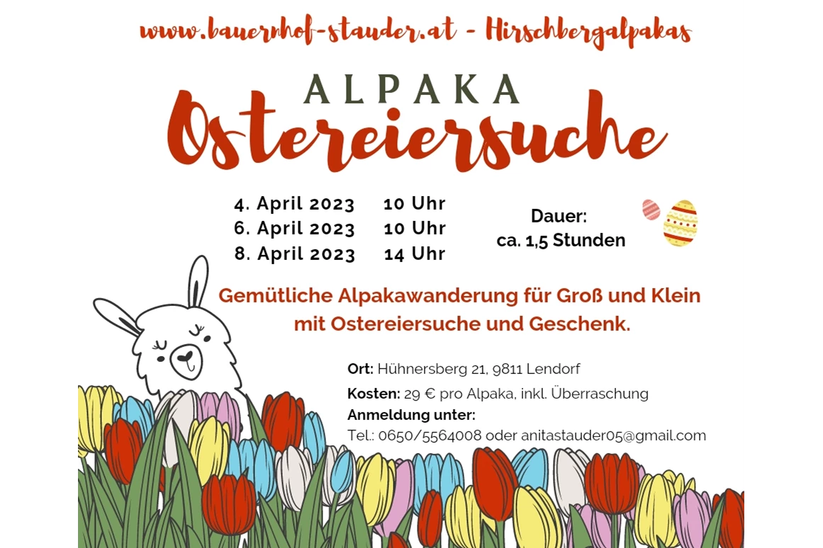 Ausflugsziel: Alpakawanderung mit Ostereiersuche