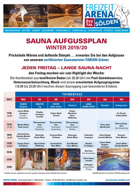 Freizeit Arena Sölden - Hallenbad & Sauna & Sporthalle & Kegelbahn &  Bistro  Highlights beim Ausflugsziel Sauna Spezial 